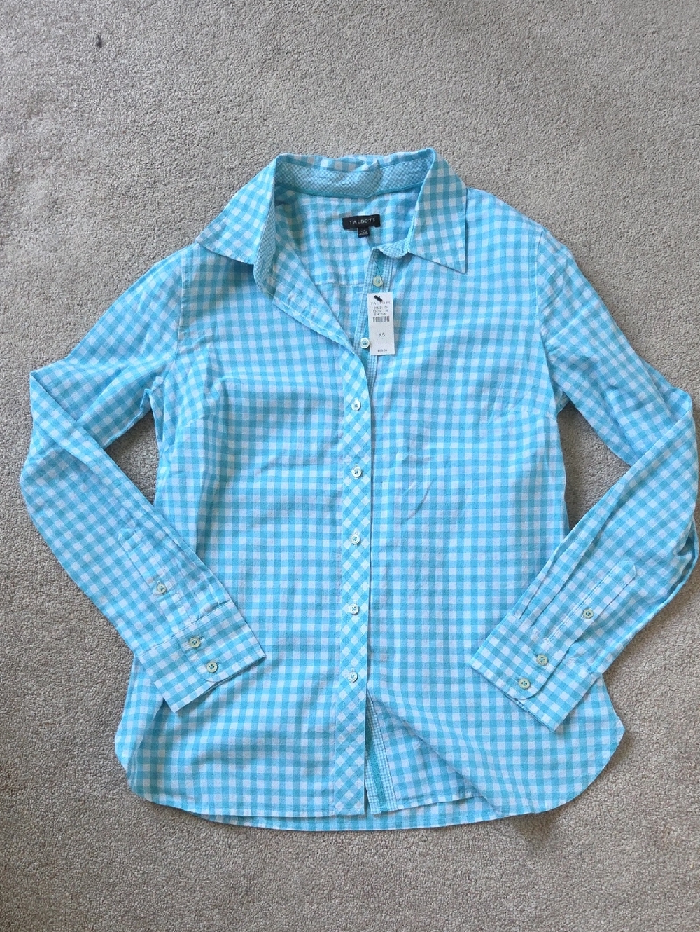 NWT XS Talbots Light Blue Gingham Button-Up